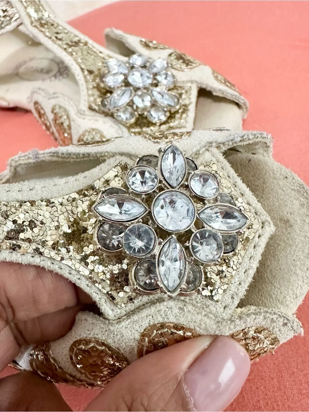 Joyfolie Gold Glitter Mari Flat Sandals Rhinestone Flower Girl Dress Shoe 9T